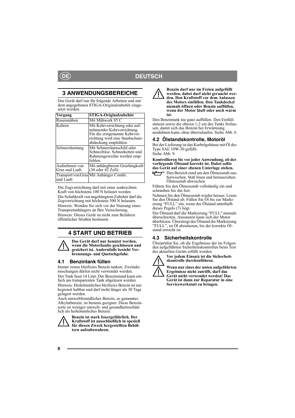 Deutsch, 3 anwendungsbereiche, 4 start und betrieb | Stiga 8221-0034-80 User Manual | Page 8 / 36