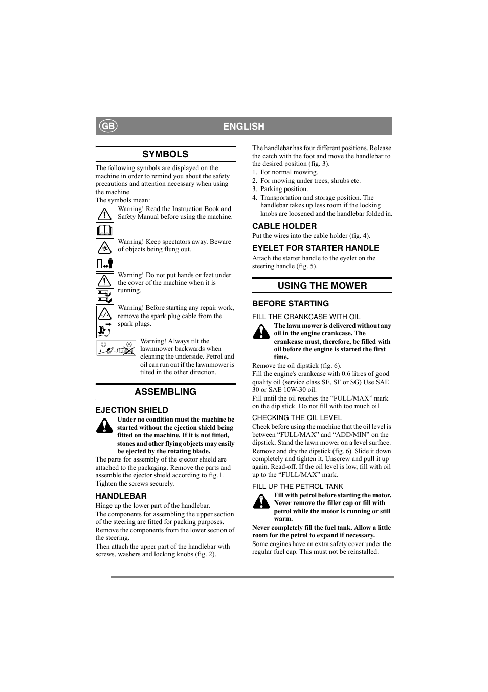 English, Symbols, Assembling | Using the mower | Stiga DINO 45 EURO User Manual | Page 4 / 9