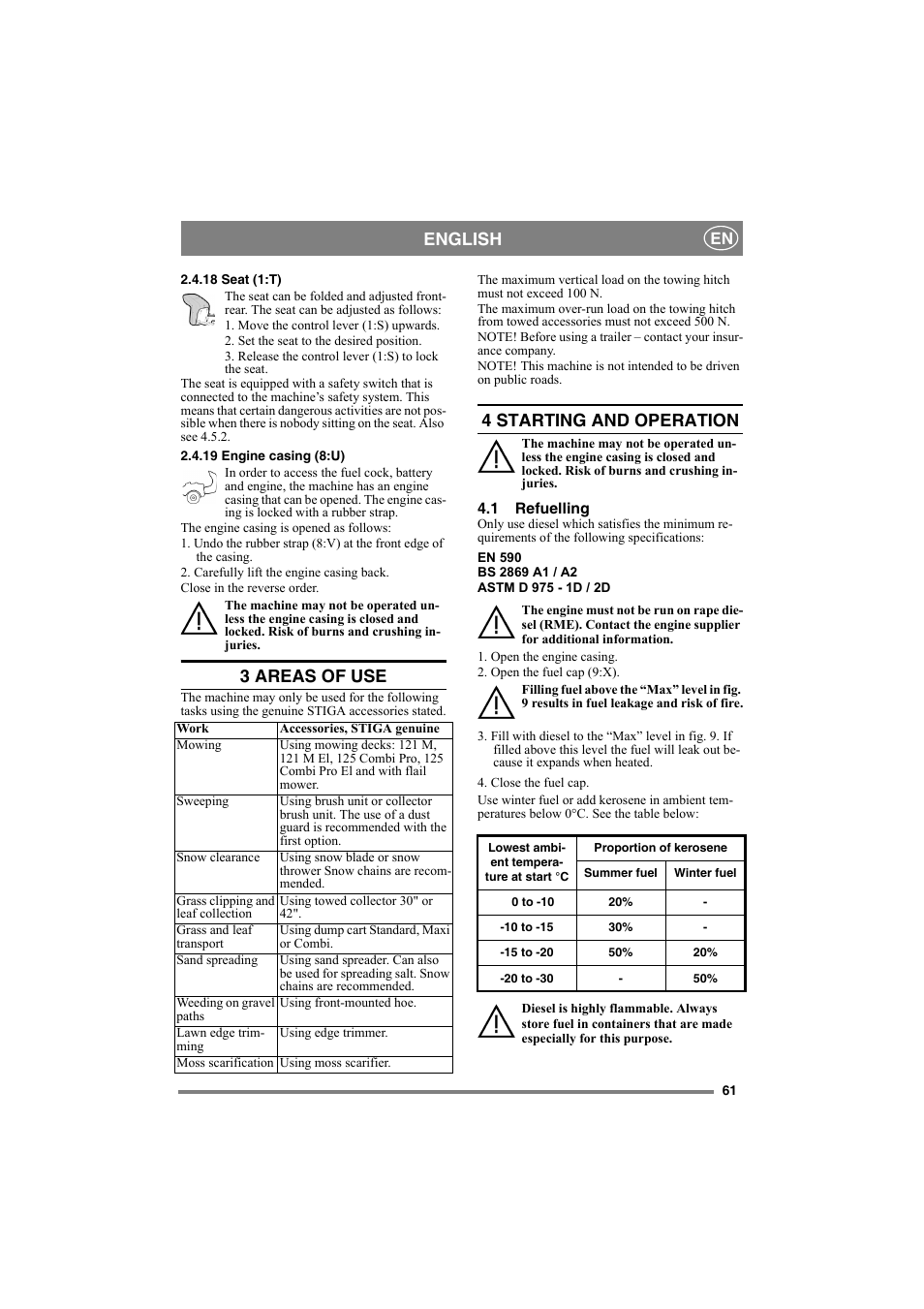 English, 3 areas of use, 4 starting and operation | Stiga 8211-0007-70 User Manual | Page 10 / 17