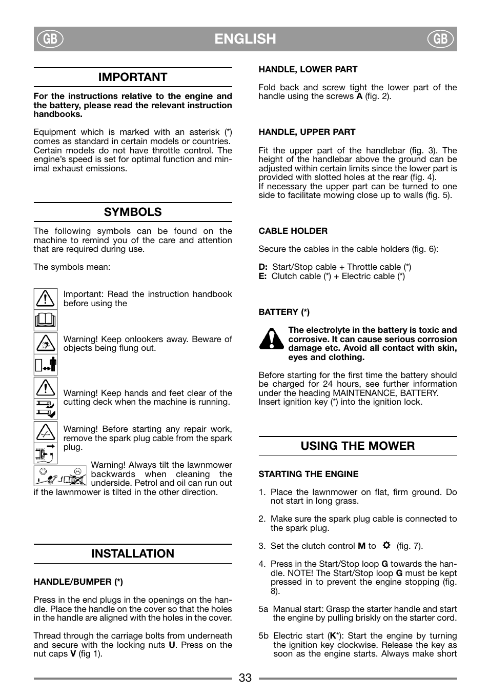 English gb gb, Important, Symbols | Installation, Using the mower | Stiga MULTICLIP 51 SE User Manual | Page 5 / 8
