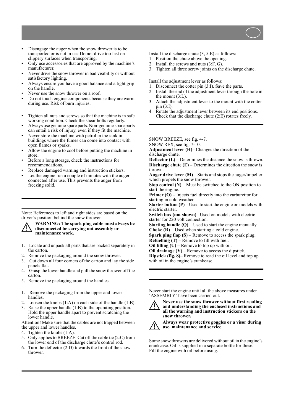 English, 3 assembly, 4 controls | 5 using the machine | Stiga COMPACT LINE SNOW REX User Manual | Page 5 / 9