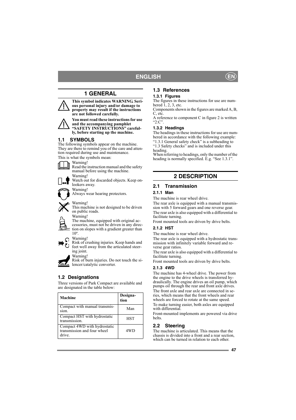 English, 1 general, 2 description | Stiga COMPACT 8211-0001-70 User Manual | Page 6 / 15