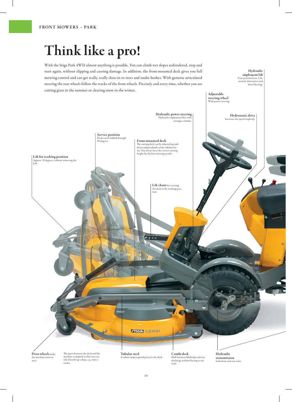 Think like a pro, Fron t mow er s – pa r k | Stiga Garden Range Primo User Manual | Page 14 / 76