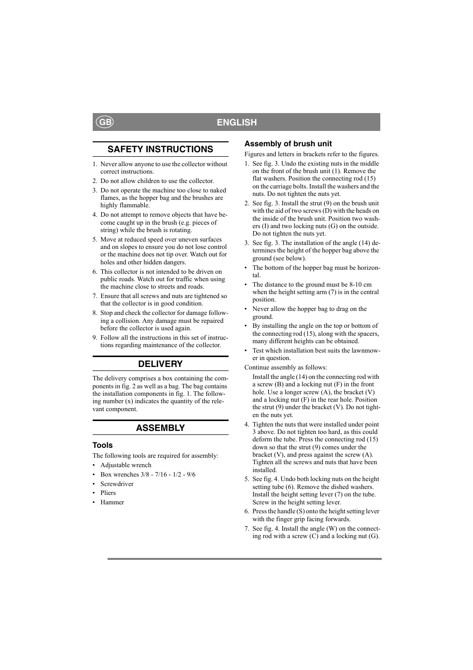 English, Safety instructions, Delivery | Assembly | Stiga 8211-1227-02 User Manual | Page 5 / 9