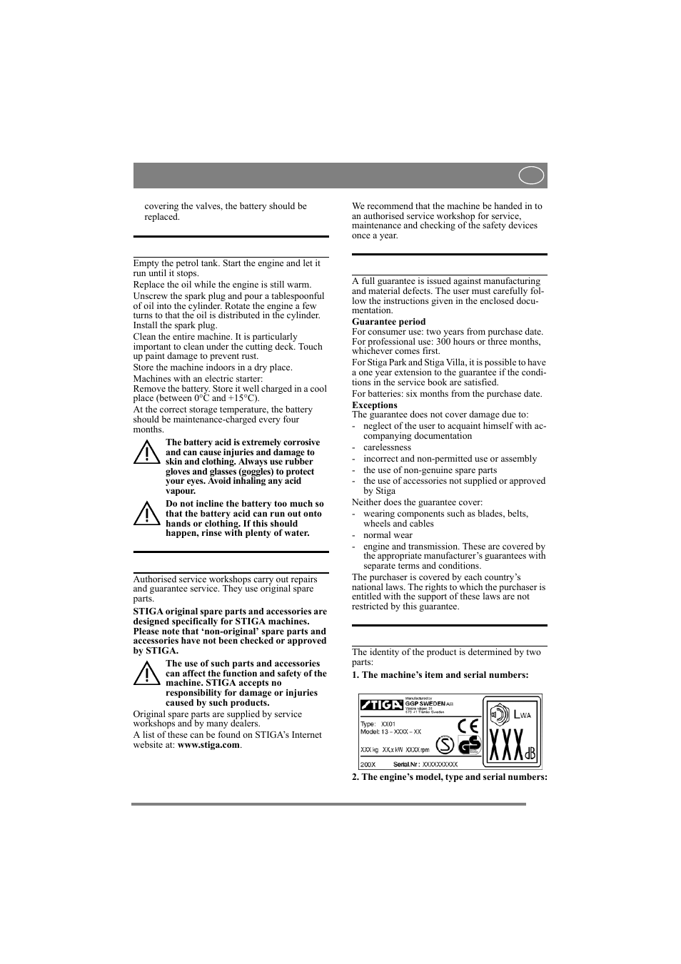 English, 3 storage, 4 service | 5 purchase terms, 6 product identity | Stiga 8211-0072-80 User Manual | Page 9 / 18