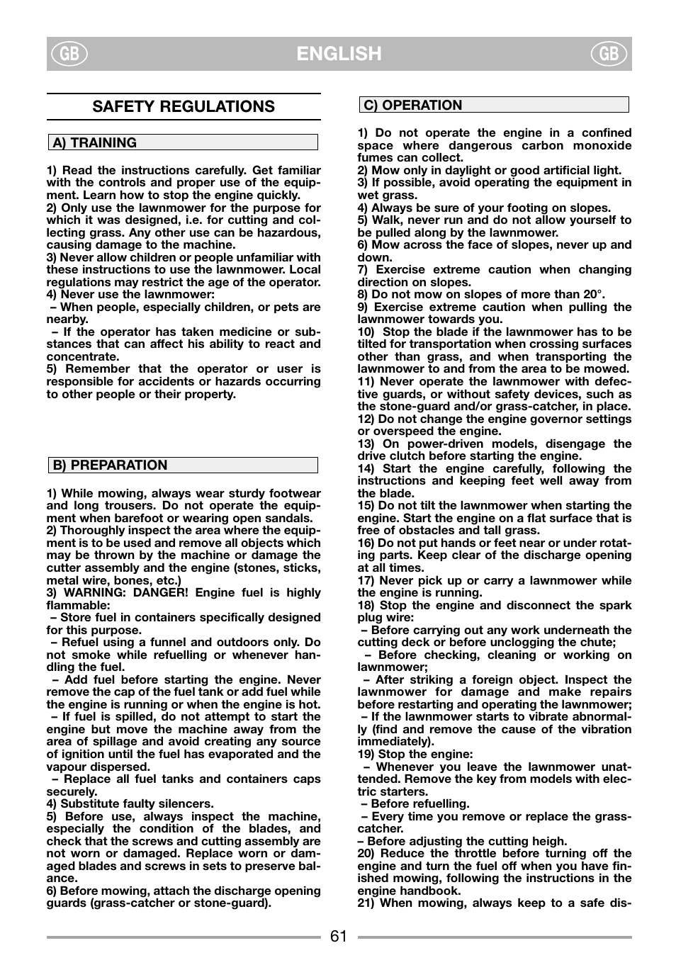 English gb gb, Safety regulations | Stiga COMBI 45S User Manual | Page 3 / 7