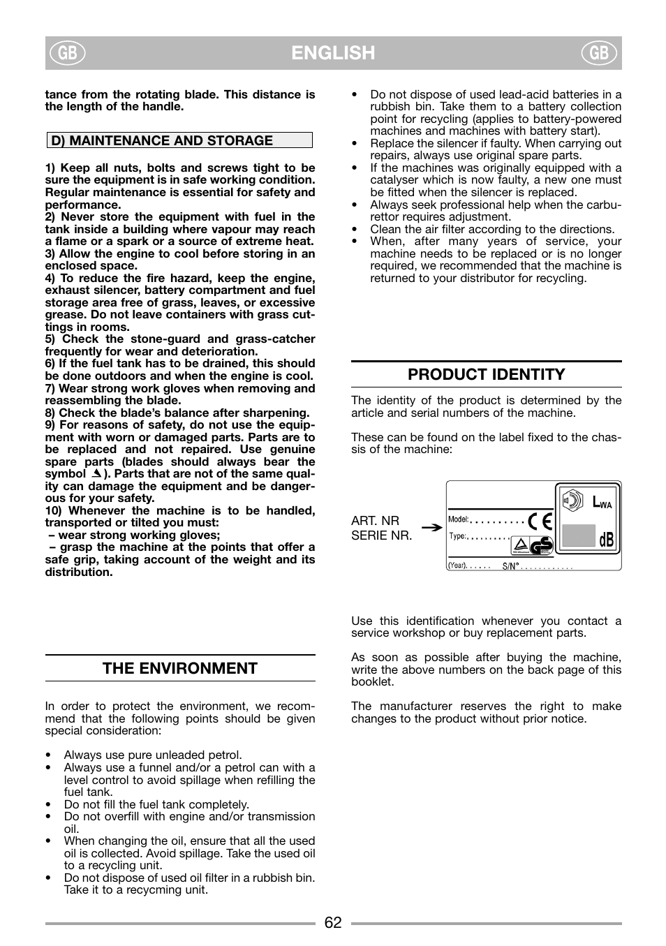 English gb gb, The environment, Product identity | Stiga COMBI 45S User Manual | Page 4 / 7