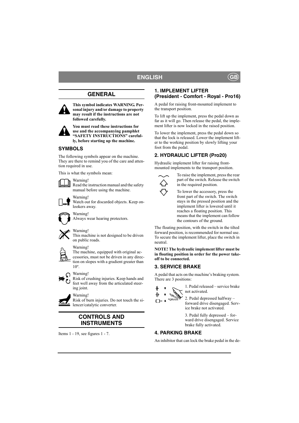 English, General, Controls and instruments | Stiga PARK PRO 20 User Manual | Page 6 / 16