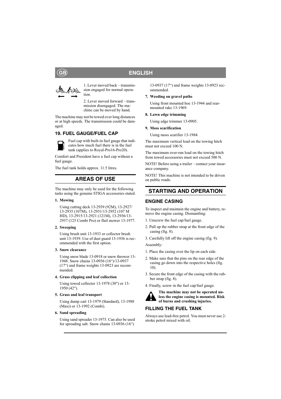 English, Areas of use, Starting and operation | Stiga PARK PRO 20 User Manual | Page 9 / 16