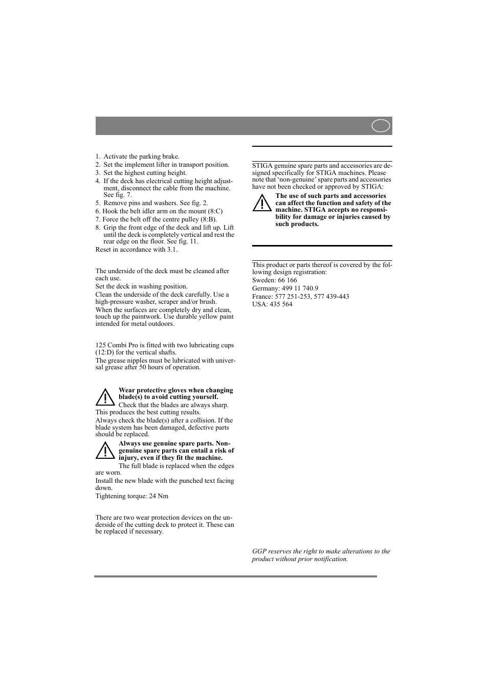 English, 6 spare parts, 7 design registration | Stiga 110 COMBI PRO 8211-0546-03 User Manual | Page 6 / 7