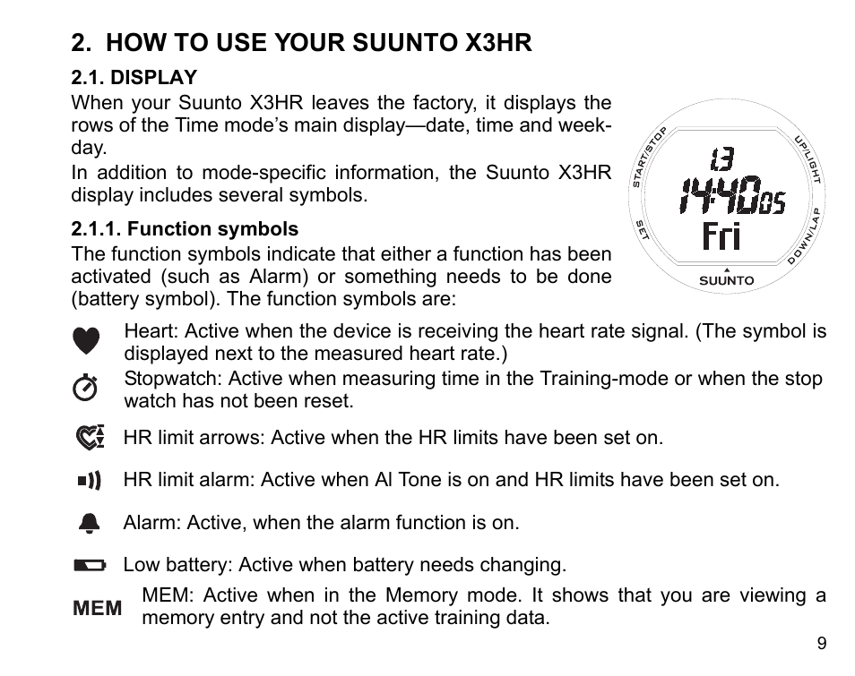 How to use your suunto x3hr, Display, Function symbols | SUUNTO X3HR User Manual | Page 11 / 40