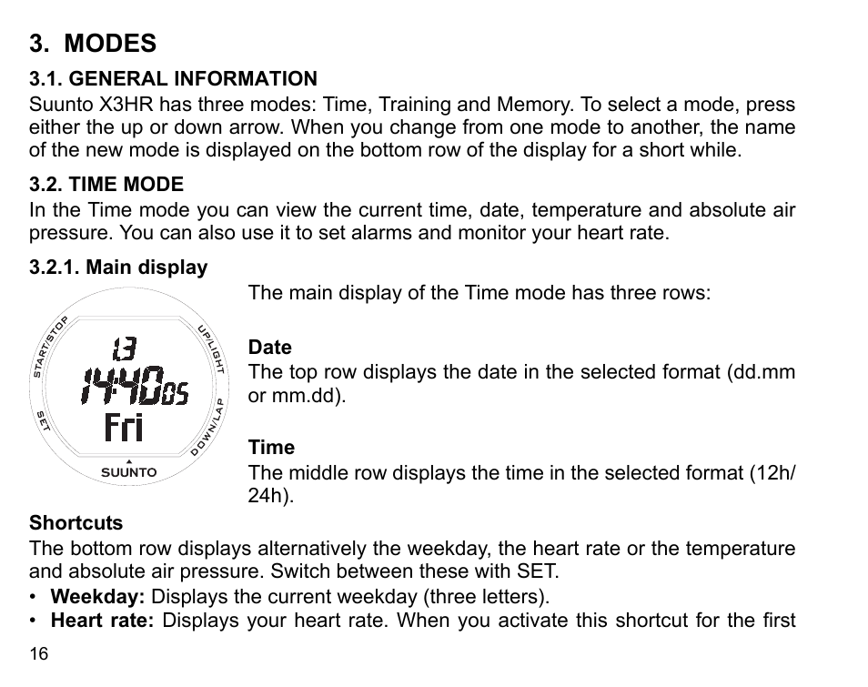 Modes, General information 3.2. time mode, Main display | SUUNTO X3HR User Manual | Page 18 / 40