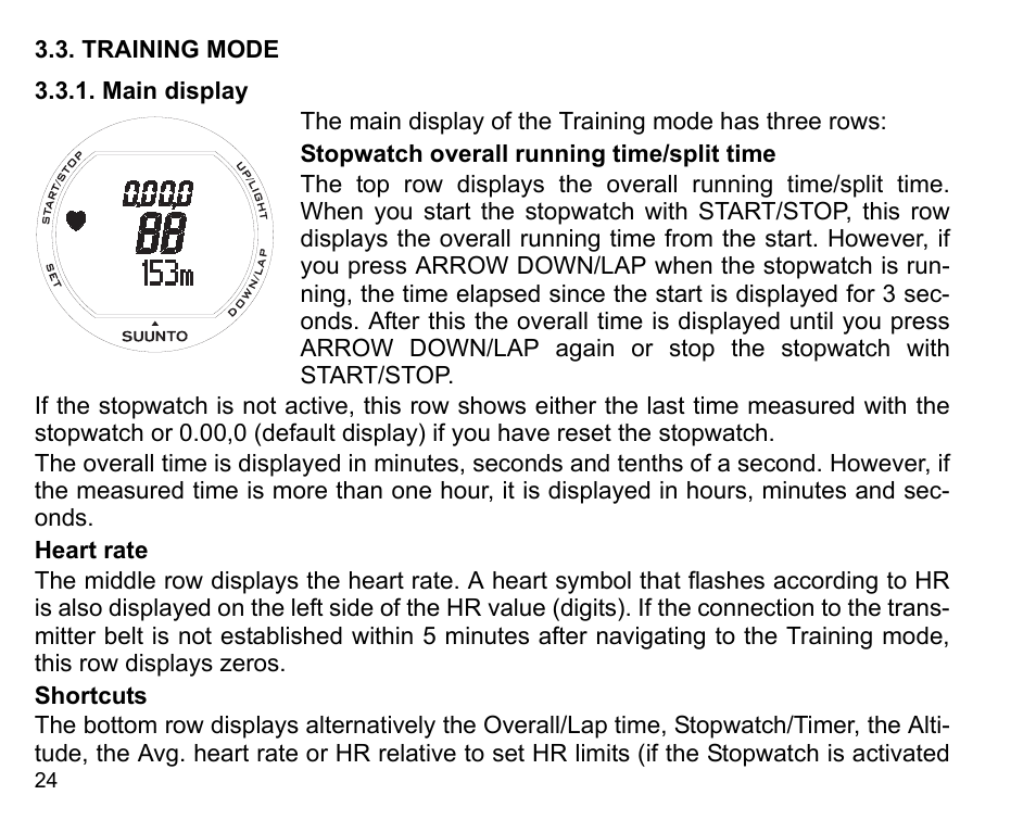 Training mode, Main display | SUUNTO X3HR User Manual | Page 26 / 40
