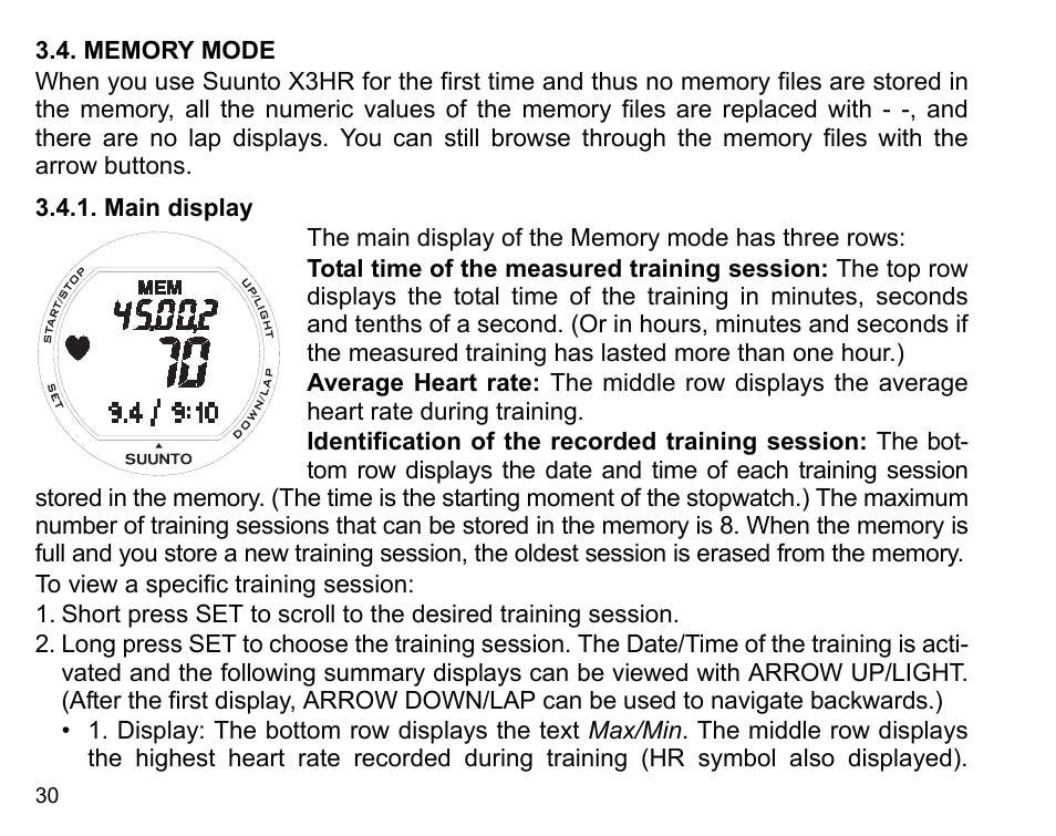 Memory mode, Main display | SUUNTO X3HR User Manual | Page 32 / 40