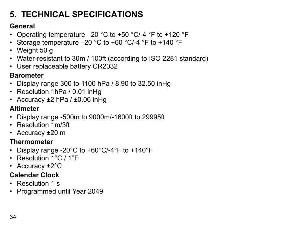 Technical specifications | SUUNTO X3HR User Manual | Page 36 / 40