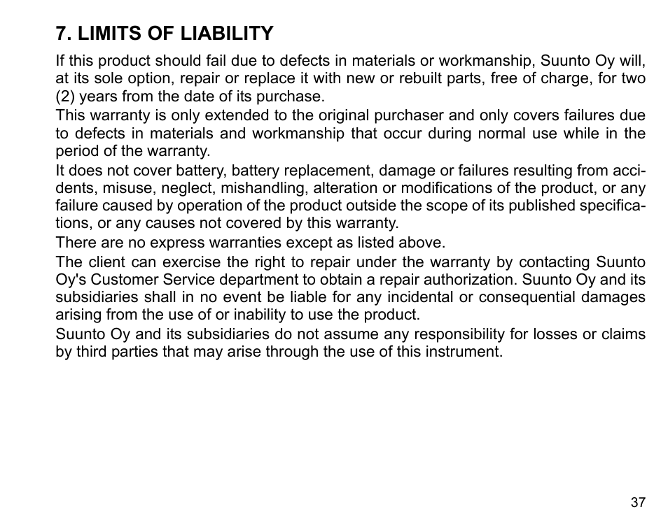 Limits of liability | SUUNTO X3HR User Manual | Page 39 / 40