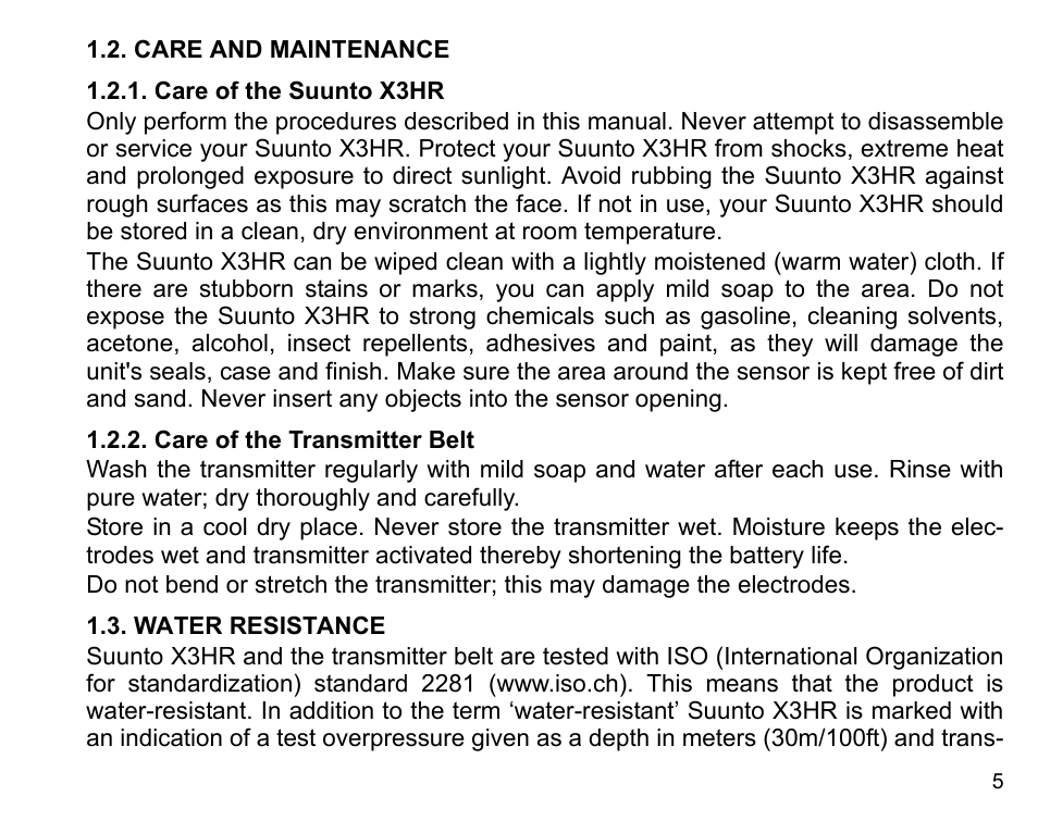 Care and maintenance, Water resistance | SUUNTO X3HR User Manual | Page 7 / 40
