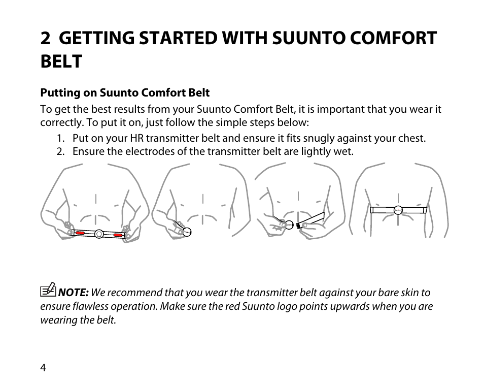 2 getting started with suunto comfort belt, Putting on suunto comfort belt | SUUNTO Heart Rate Transmitter Belts Comfort Belt User Manual | Page 4 / 12