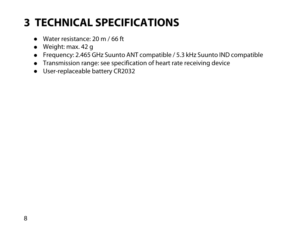 3 technical specifications | SUUNTO Heart Rate Transmitter Belts Comfort Belt User Manual | Page 8 / 12