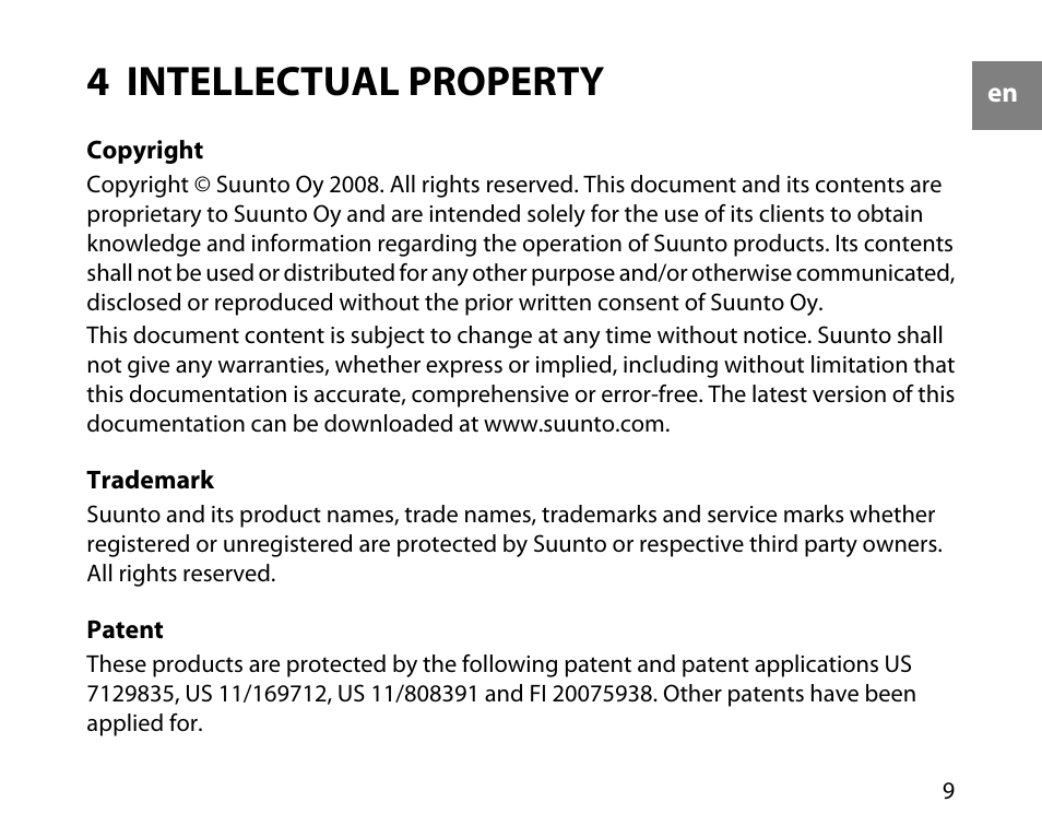 4 intellectual property, Copyright, 9 trademark | 9 patent | SUUNTO Heart Rate Transmitter Belts Comfort Belt User Manual | Page 9 / 12