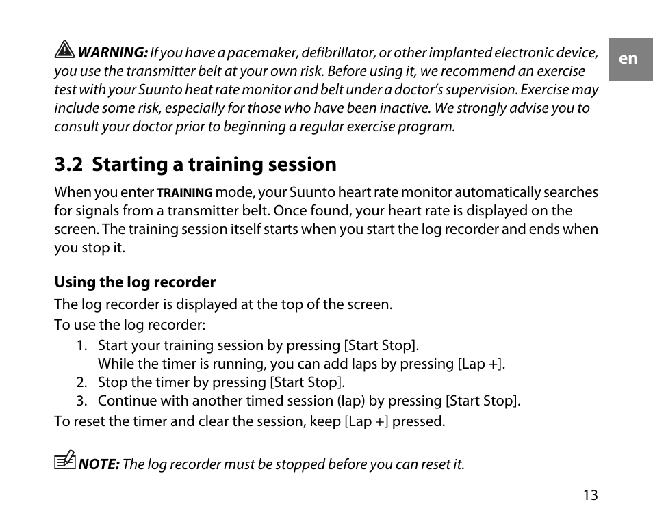 2 starting a training session | SUUNTO t3c User Manual | Page 14 / 49
