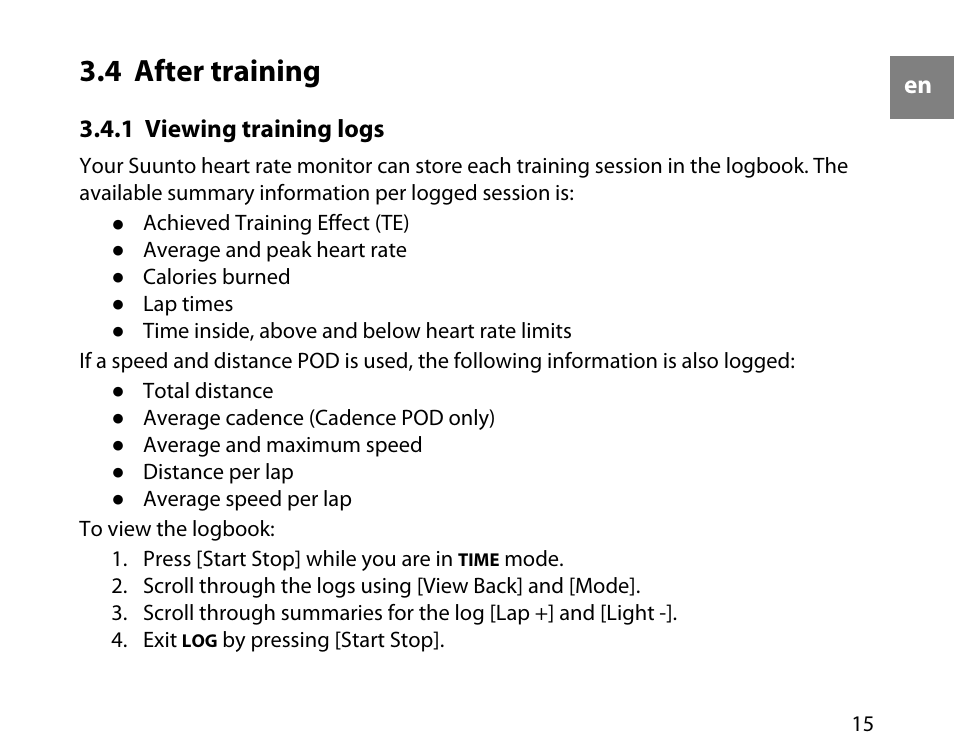 4 after training, 1 viewing training logs | SUUNTO t3c User Manual | Page 16 / 49