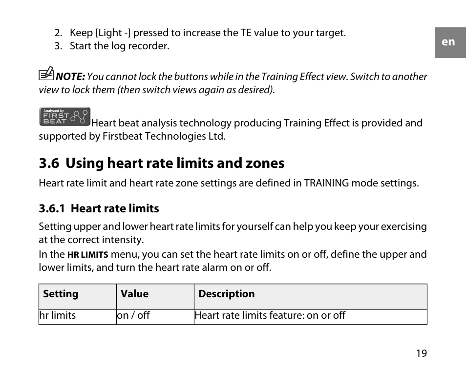6 using heart rate limits and zones, 1 heart rate limits | SUUNTO t3c User Manual | Page 20 / 49
