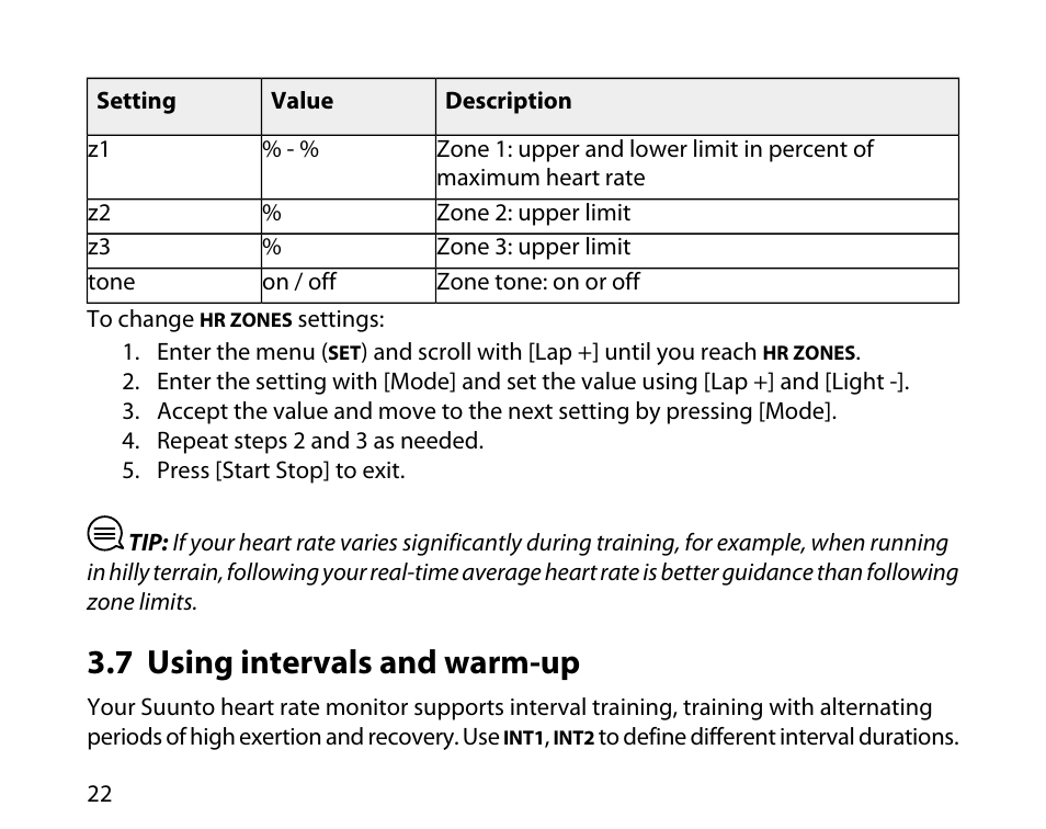 7 using intervals and warm-up | SUUNTO t3c User Manual | Page 23 / 49