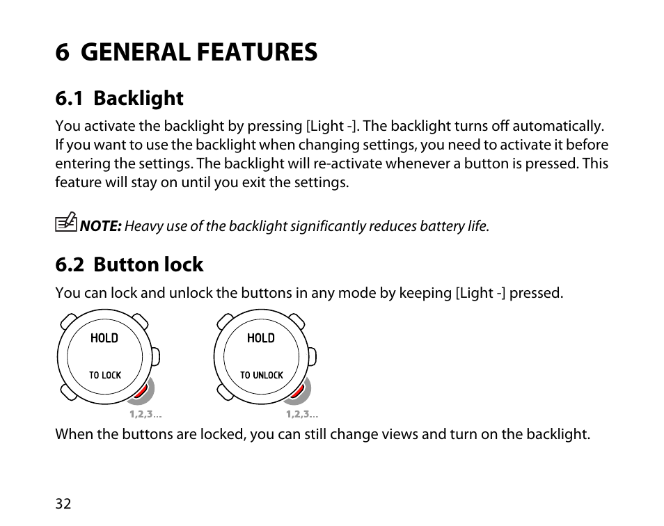 6 general features, 1 backlight, 2 button lock | 32 6.2 button lock | SUUNTO t3c User Manual | Page 33 / 49