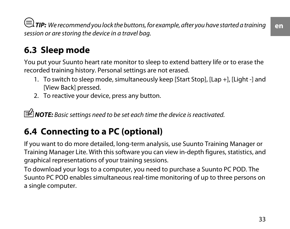 3 sleep mode, 4 connecting to a pc (optional), 33 6.4 connecting to a pc (optional) | SUUNTO t3c User Manual | Page 34 / 49