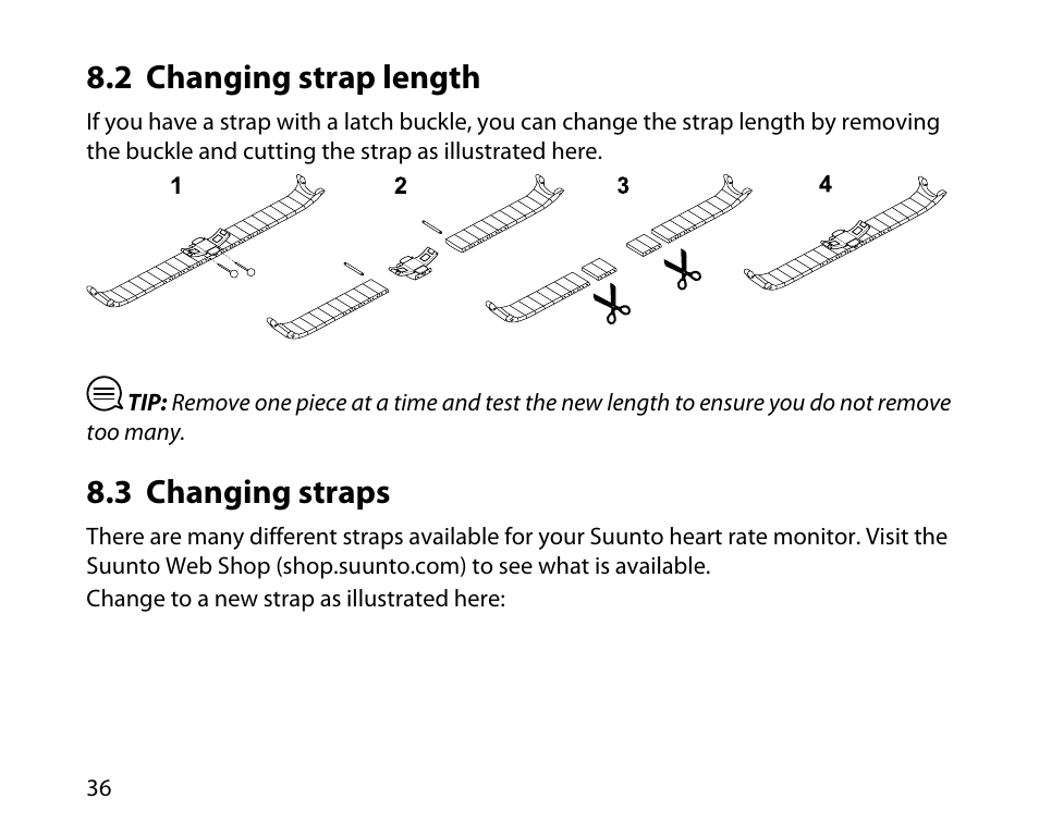 2 changing strap length, 3 changing straps, 36 8.3 changing straps | SUUNTO t3c User Manual | Page 37 / 49