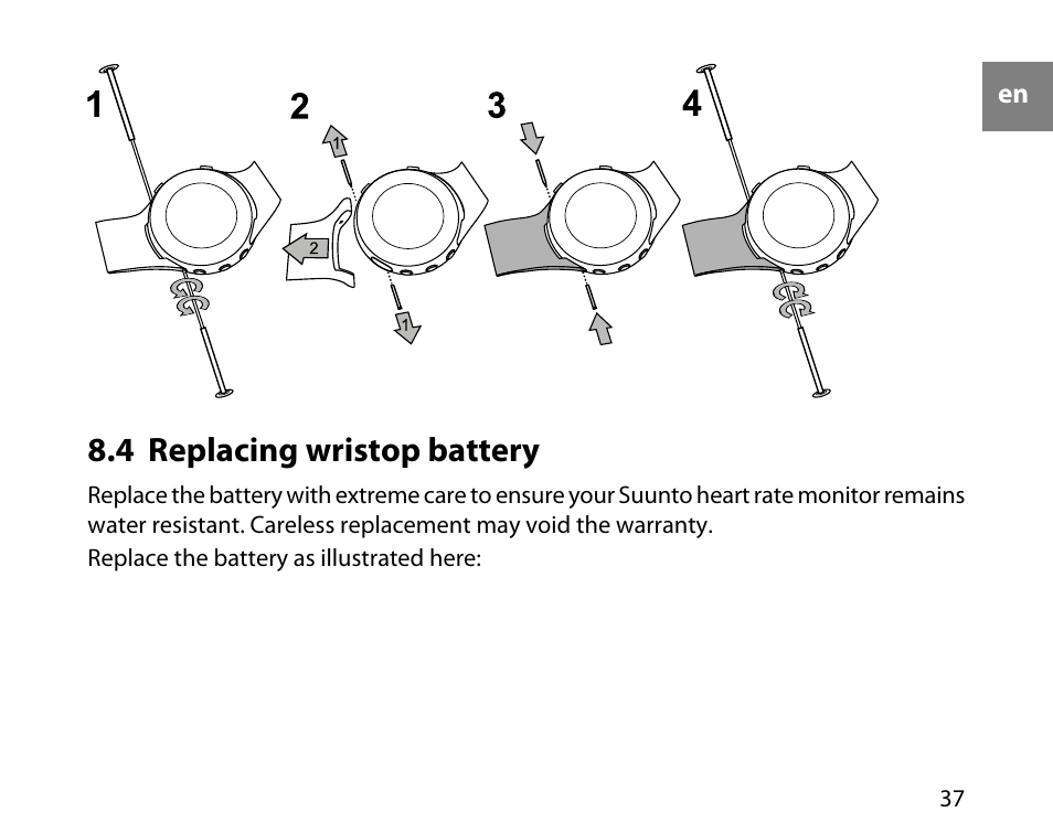 4 replacing wristop battery | SUUNTO t3c User Manual | Page 38 / 49