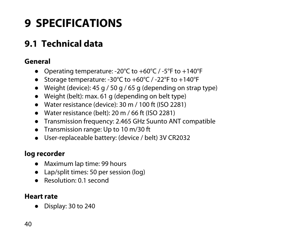 9 specifications, 1 technical data | SUUNTO t3c User Manual | Page 41 / 49