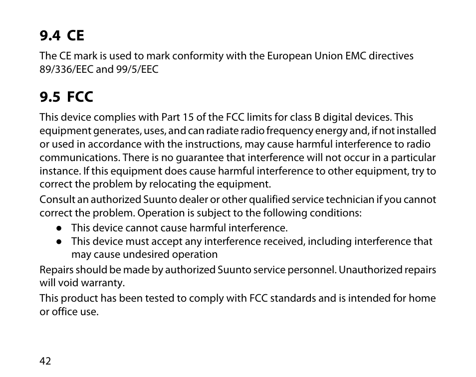 4 ce, 5 fcc, 42 9.5 fcc | SUUNTO t3c User Manual | Page 43 / 49