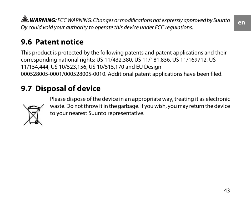 6 patent notice, 7 disposal of device, 43 9.7 disposal of device | SUUNTO t3c User Manual | Page 44 / 49