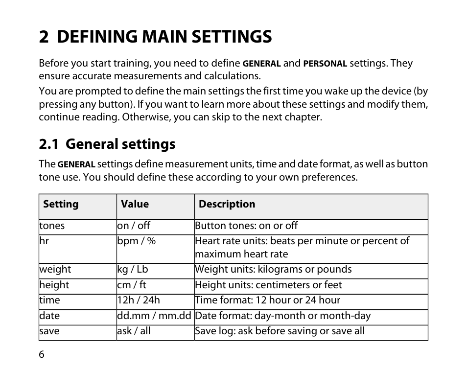 2 defining main settings, 1 general settings | SUUNTO t3c User Manual | Page 7 / 49
