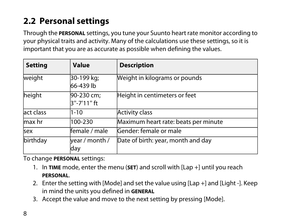 2 personal settings | SUUNTO t3c User Manual | Page 9 / 49