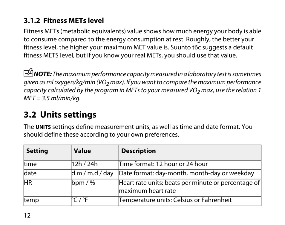 2 fitness mets level, 2 units settings | SUUNTO T6C User Manual | Page 13 / 52