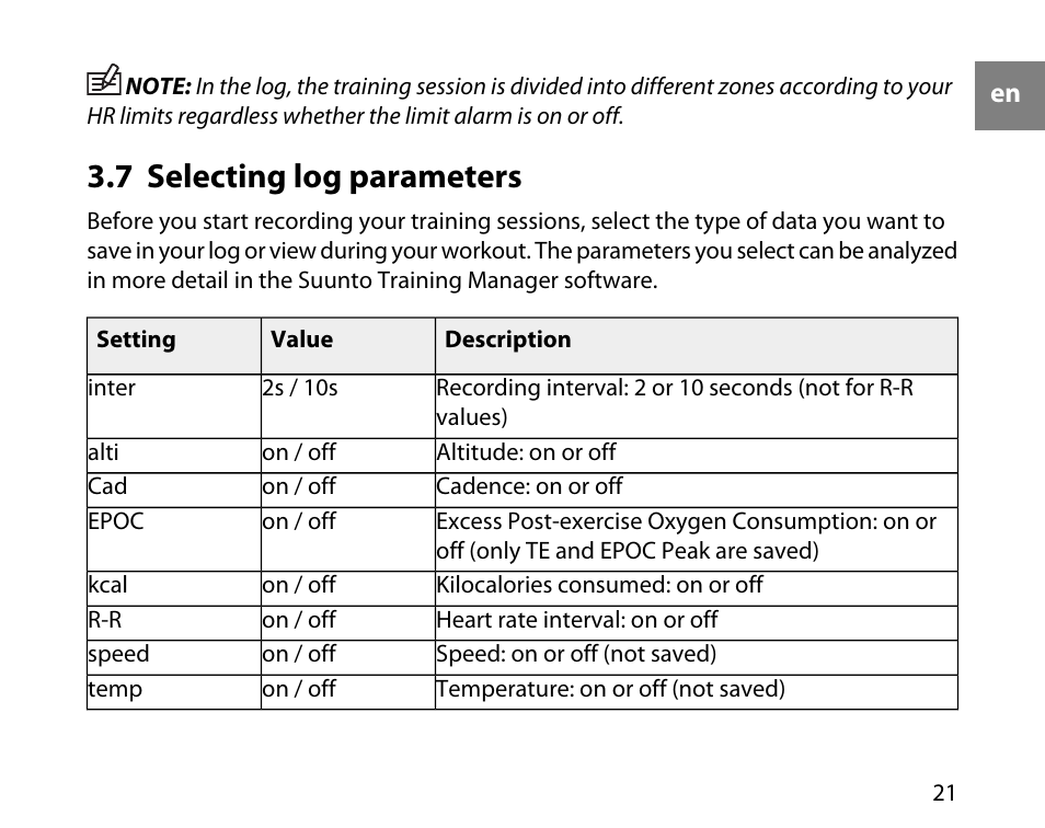 7 selecting log parameters | SUUNTO T6C User Manual | Page 22 / 52