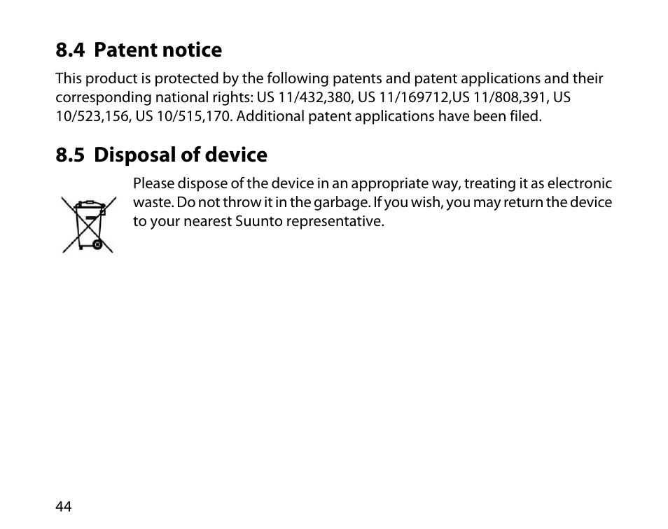 4 patent notice, 5 disposal of device, 44 8.5 disposal of device | SUUNTO T6C User Manual | Page 45 / 52