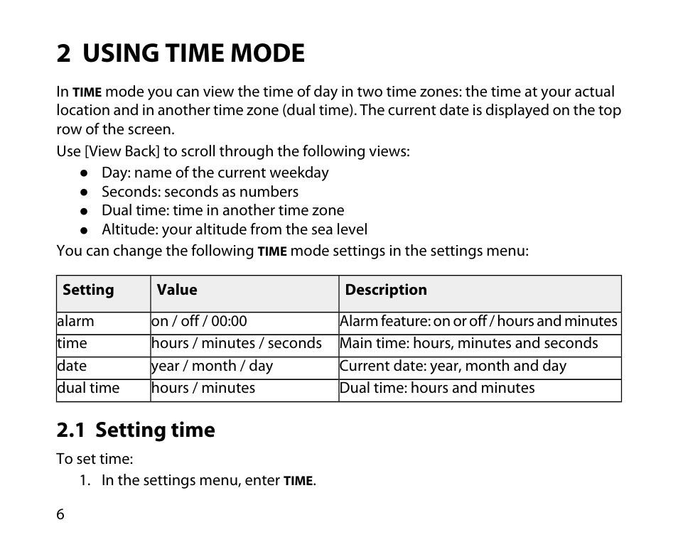 2 using time mode, 1 setting time | SUUNTO T6C User Manual | Page 7 / 52