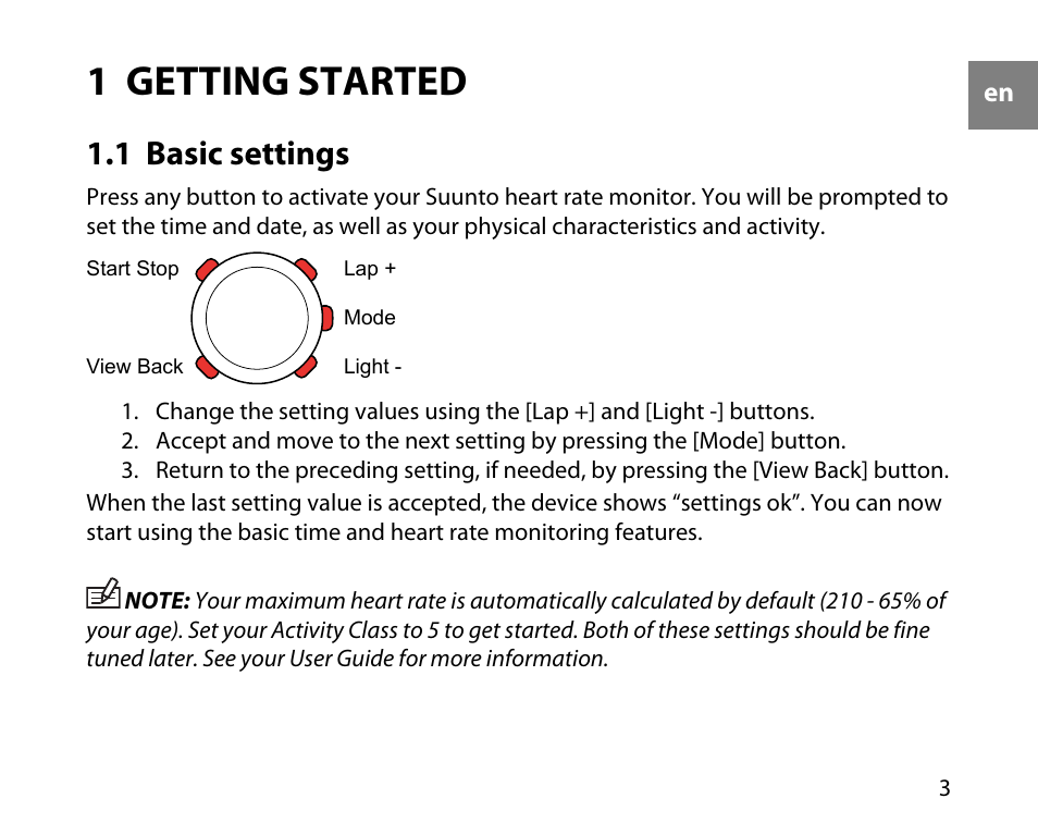 1 getting started, 1 basic settings | SUUNTO t4c User Manual | Page 3 / 12
