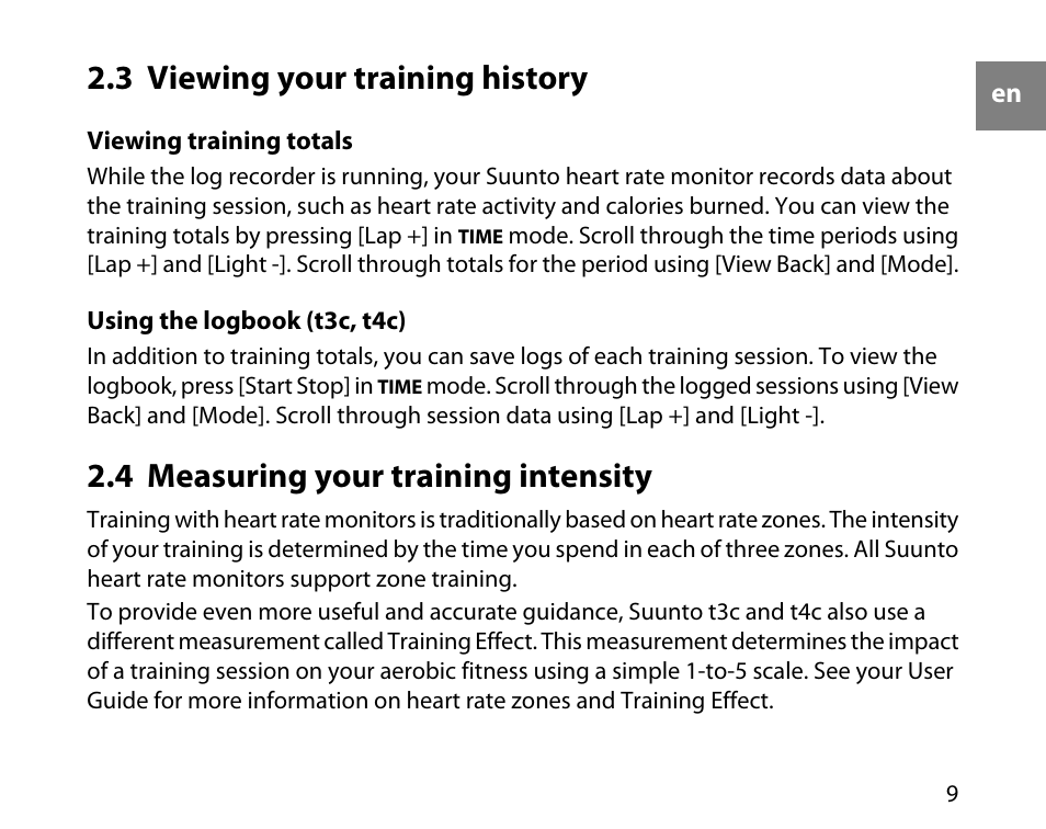 3 viewing your training history, 4 measuring your training intensity, 9 2.4 measuring your training intensity | SUUNTO t4c User Manual | Page 9 / 12