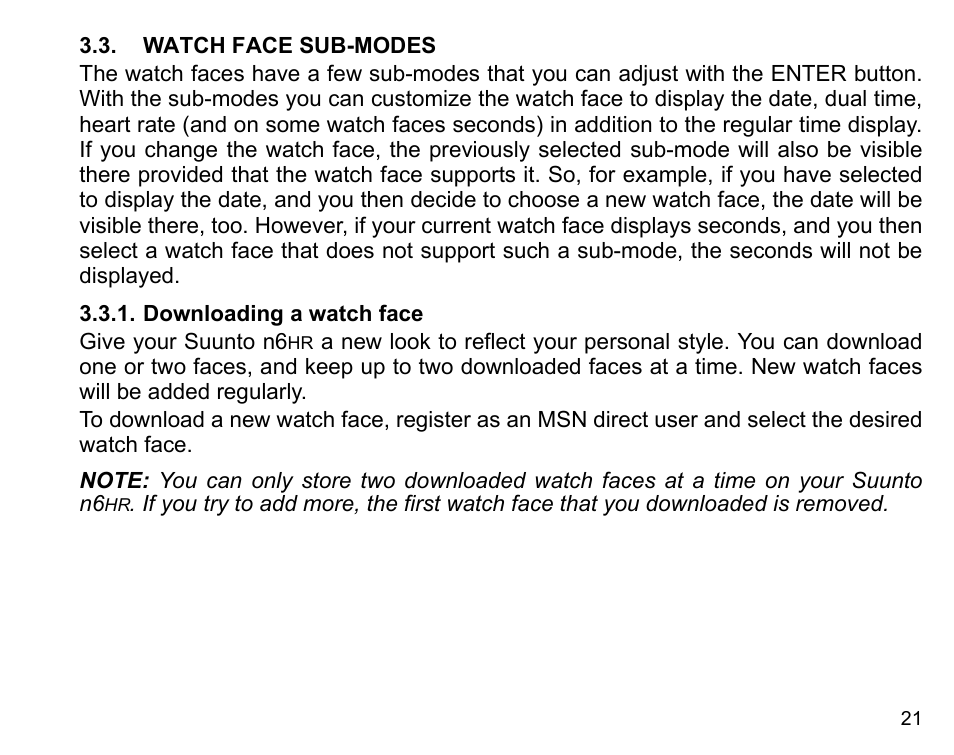 Watch face sub-modes, Downloading a watch face | SUUNTO n6HR User Manual | Page 21 / 64