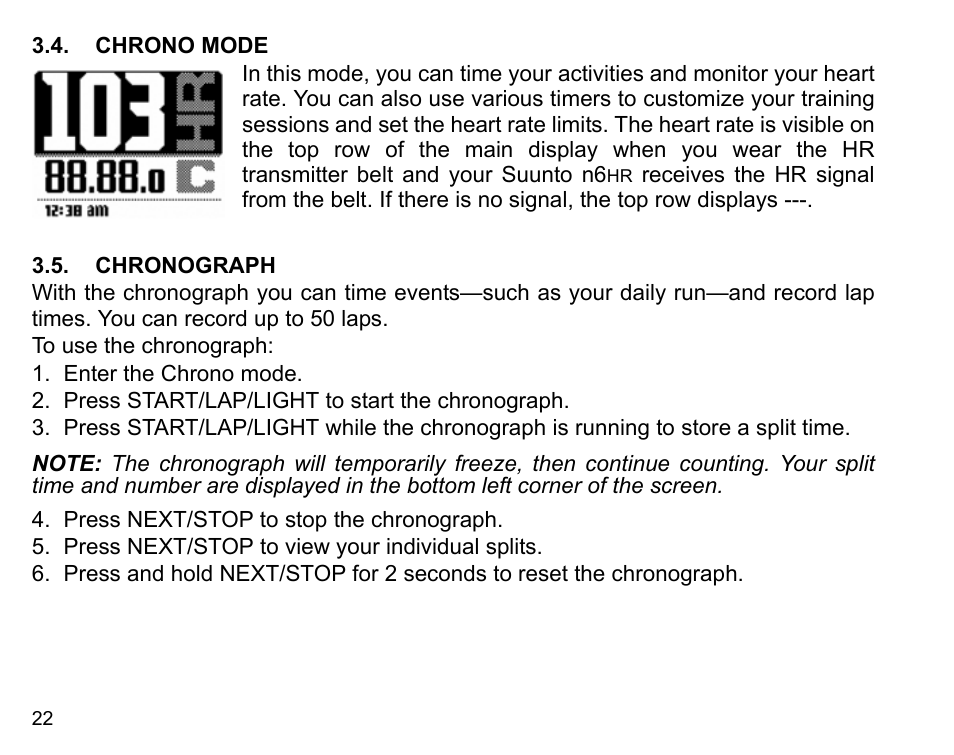 Chrono mode, Chronograph, Chrono mode 3.5. chronograph | SUUNTO n6HR User Manual | Page 22 / 64