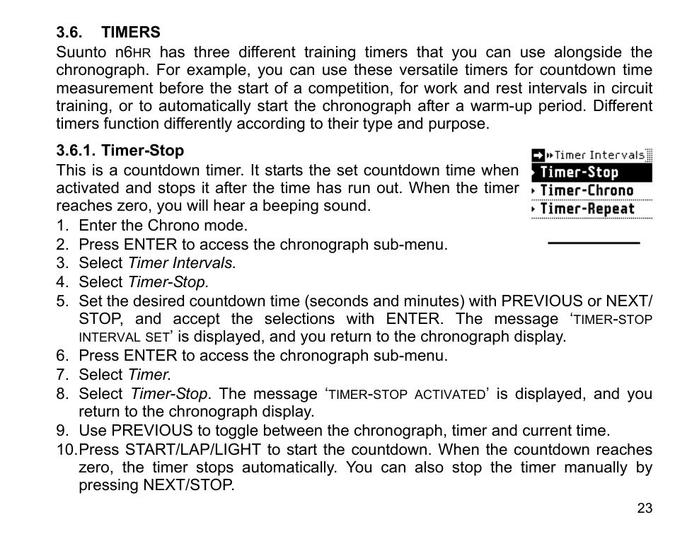 Timers, Timer-stop | SUUNTO n6HR User Manual | Page 23 / 64