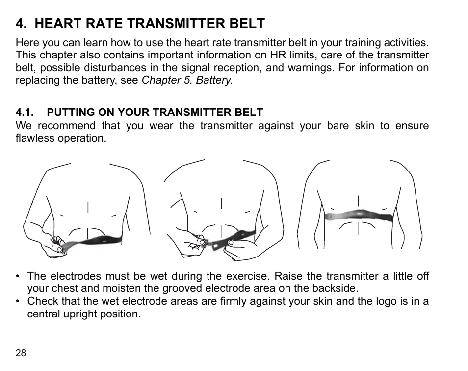 Heart rate transmitter belt, Putting on your transmitter belt | SUUNTO n6HR User Manual | Page 28 / 64