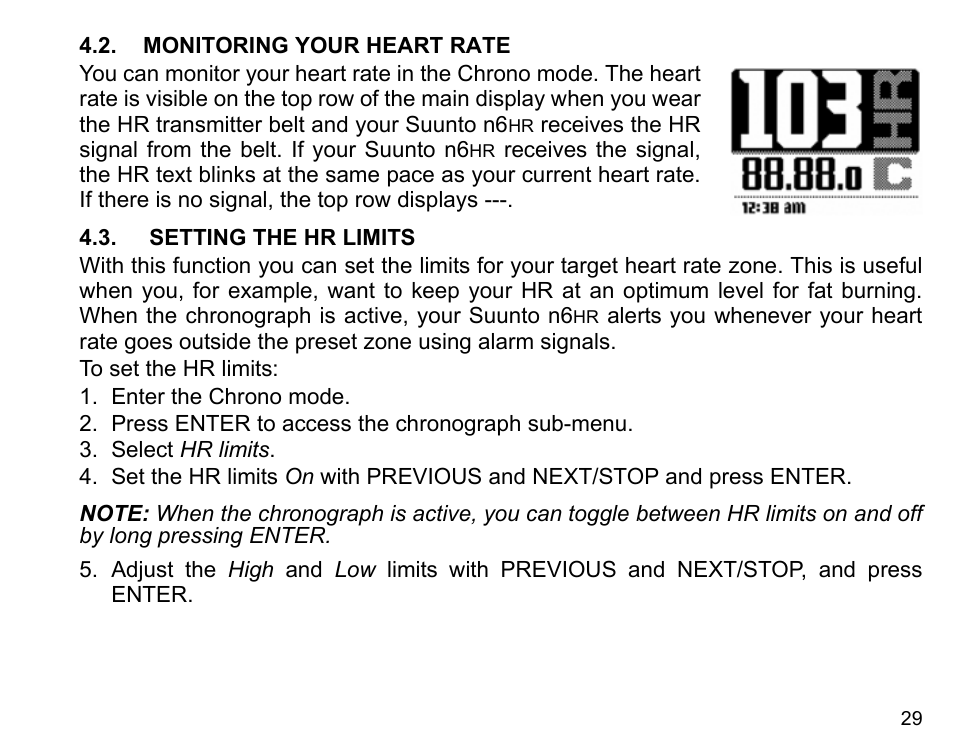 Monitoring your heart rate, Setting the hr limits | SUUNTO n6HR User Manual | Page 29 / 64