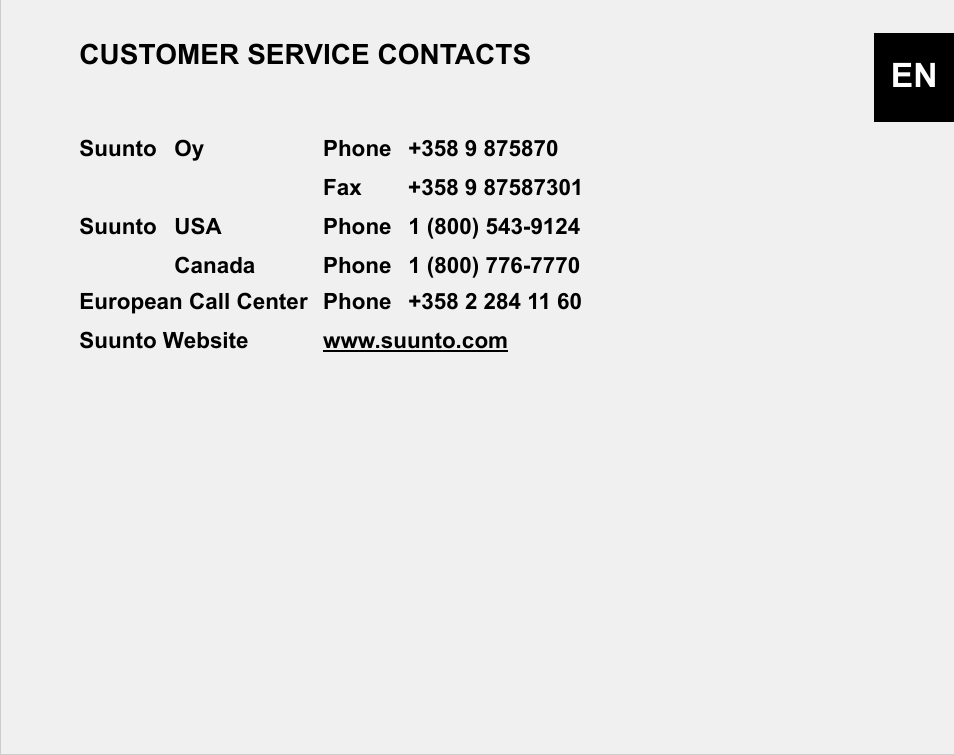 Customer service contacts | SUUNTO n6HR User Manual | Page 3 / 64