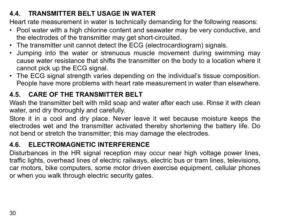 Transmitter belt usage in water, Care of the transmitter belt, Electromagnetic interference | SUUNTO n6HR User Manual | Page 30 / 64